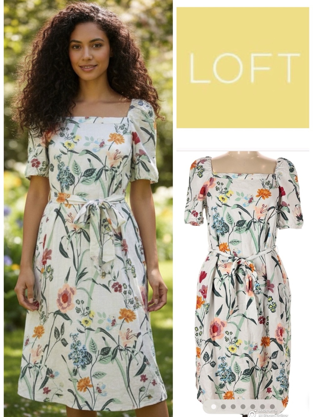 LOFT Vintage Linen White Floral Midi Dress with Multicolor Bloom